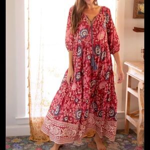 < Natural Life Red Floral Tiered Boho Dress >